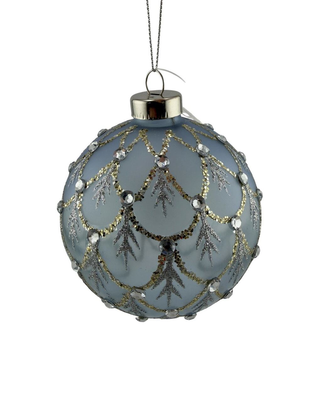 Matte Blue Glass w/ Silver Glitter and Crystals 4" Ornament NWT Dillards